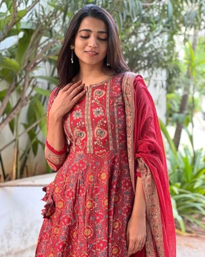 Image of Women's Cotton Anarkali Embroidery Designer Long Anarkali Kurti With Pant and Dupatta Set (Red)