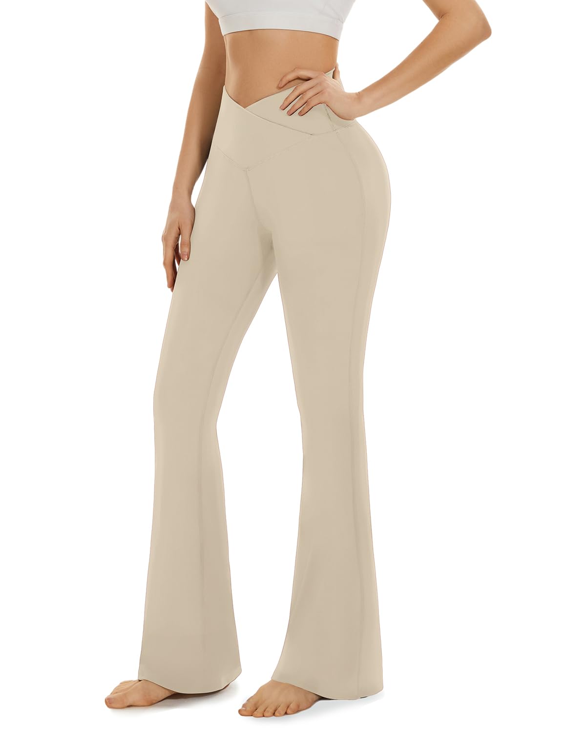 Aoliks Crossover Flare Leggings for Women,High Waisted Bootcut Yoga Pants Workout Bell Bottom Leggings S 03 Beige