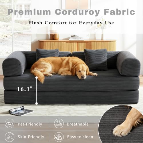 Image of 80 Inch Multi-Functional Convertible Sofa Bed, Fixed Shape Frame, High Density Foam with Corduroy, Easy Assembly, for Living Room and Bedroom. (Gray)