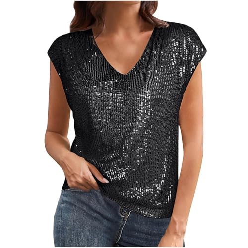 Chemisier à Paillettes pour Femme Hauts à Scintillantes Sequins Manches Courtes Col en V Chemisiers et Blouses Femme Chic et Élégante T-Shirt de Soirée Club Noir M
