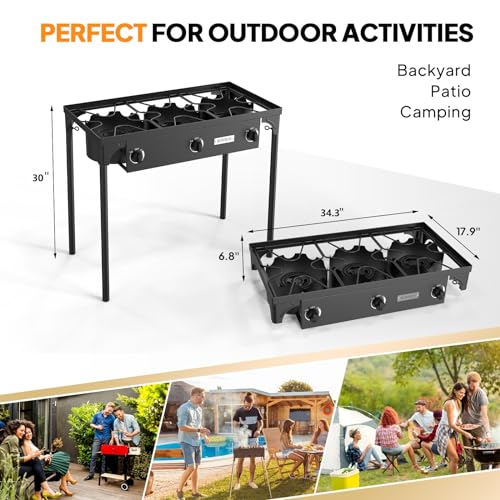 ROVSUN 3 Burner Propane Gas Stove, 225,000 BTU High Pressure Outdoor Camping Burner with CSA Listed Regulator, Picnic Cooker Perfect for Home Brewing Maple Syrup Patio Turkey Frying Canning - Thumbnail 6