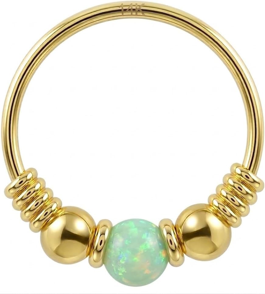 14K Solid Yellow Gold Opal Stone with Double Ball and Spring Coil 22 Gauge Hoop Nose Ring - Cartilage - Daith - Rook - Lobe - Conch Piercing Body Jewelry