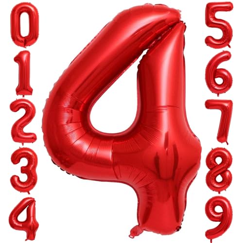 Image of Red 4 Number Balloons,40 Inch 4 Balloons Foil Mylar Helium Big Red 4 Balloon Number for Birthday Party Anniversary Decorations