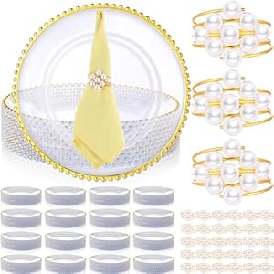 50 Set 100 Pcs Clear Charger Plates Bulk and Napkin Rings 13” Plastic Round Dinner Chargers Serving Plates with Beaded Rim Clear Table Decorative Plates for Party Wedding Event(Gold)