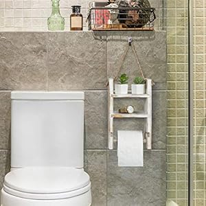 MyGift 2-Tier Hanging Whitewashed Wood Ladder Shelf and Toilet Paper Holder with Rustic Rope MyGift 2 Tier Hanging Whitewashed Wood Ladder Shelf and Toilet Paper Holder with Rustic Rope