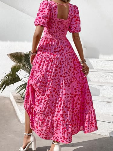 Image of PRETTYGARDEN Puff Short Sleeve Cewneck Floral Long Fall Dresses for Women 2025 Flowy Tiered Hem Maxi Wedding Guest Dress