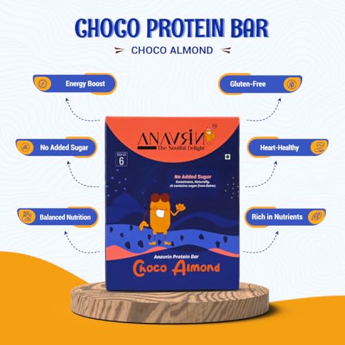 Image of ANAVRIN Choco Almond Protein Bar - 15g Protein, 5g Fibre with Goodness of Dates (6 Bars x 50gm) No Added Sugar, No Soy, No Preservatives Gluten Free Energy Bar, Healthy Snack