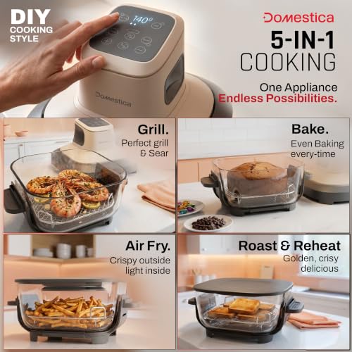 Image of Domestica Lumera Air Fryer Oven with CarbonHeat Pro | Lumi Glass Air Fryer | 4L+1.5L Dual Bowl | BaseGuard| 5 in 1 Grill, Airfry, Bake, Roast, Reheat | 100% Toxin Free - No PFAS, PTFE, PFOA | 1550W