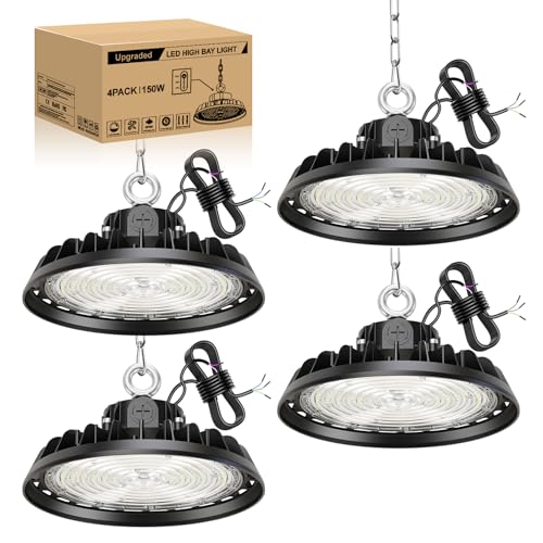 RUISUN 4 Stück UFO 150W LED Deckenleuchte Werkstattlampe Dimmbare 90W/120W/150W LED Hallenstrahler High Bay Light 25500LM Treiber 6000K Superhelle Werkstatt Deckenleuchte IP65 Industriestrahler