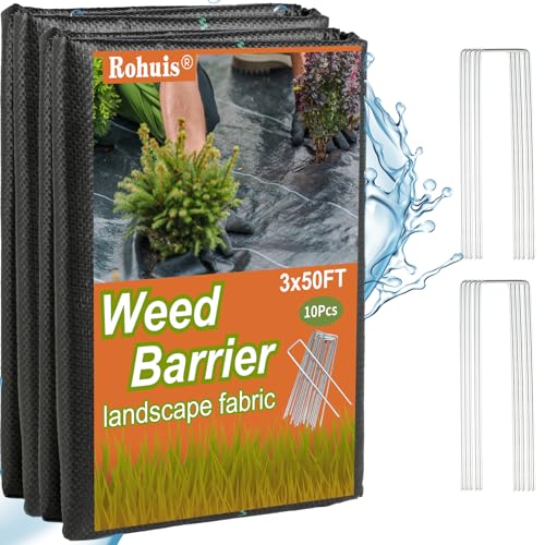 Rohuis 3ft x 50ft Weed Barrier Landscape Fabric, Heavy Duty Woven Ground Cover for Garden, Weed Control Mat for Gardening Driveway Landscaping, Weed B