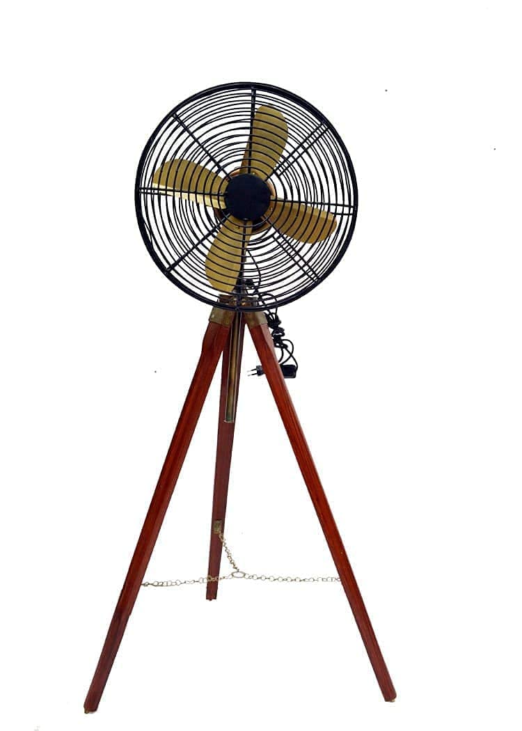 Vintage Wooden Tripod Floor Fan, Antique Brass, Royal Navy Style, Electric Working Fan with Brown Stand-image-32