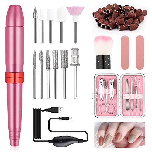 80PCS Acrylic Nail Drill Kit, USB Portable Electric Nail Drill for Acrylic Nails, Drill Nails Machine with 56 Sanding Bands, 11 Pcs Nail Bits, Nail Clipper Set, 2Pcs Nail Files (Pink)
