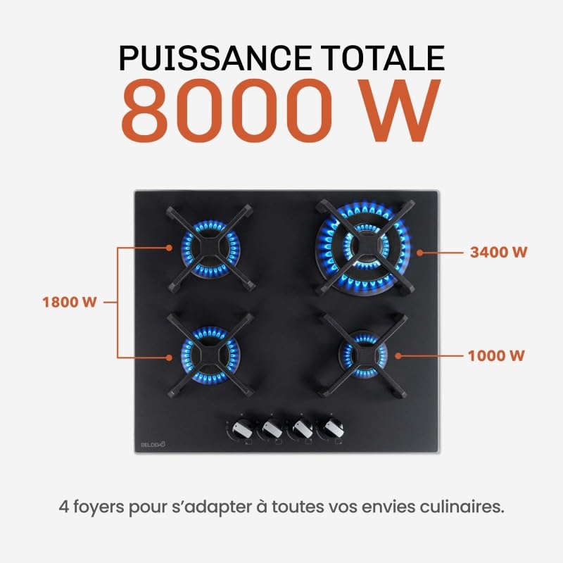 BELDEKO Plaque Gaz 4 Feux 8000W Noir Mat Grilles Fonte - Marque Française