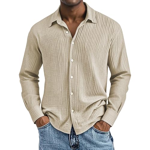 Camisa de algodón texturizado para hombre, manga larga, con botones, ajuste casual sin meter, ambiente hawaiano de playa, camiseta versátil para vacaciones y días de otoño, beige, L