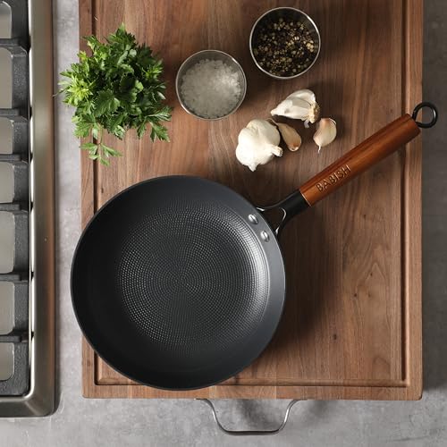 Image of Babish 9.5 Inch Cast Iron Skillet with Wooden Handle, Pre-Seasoned Nonstick Pan with Honeycomb Textured Cooking Surface, Induction Oven Safe Skillet for Searing, Frying Eggs, Steak and Stir Fry