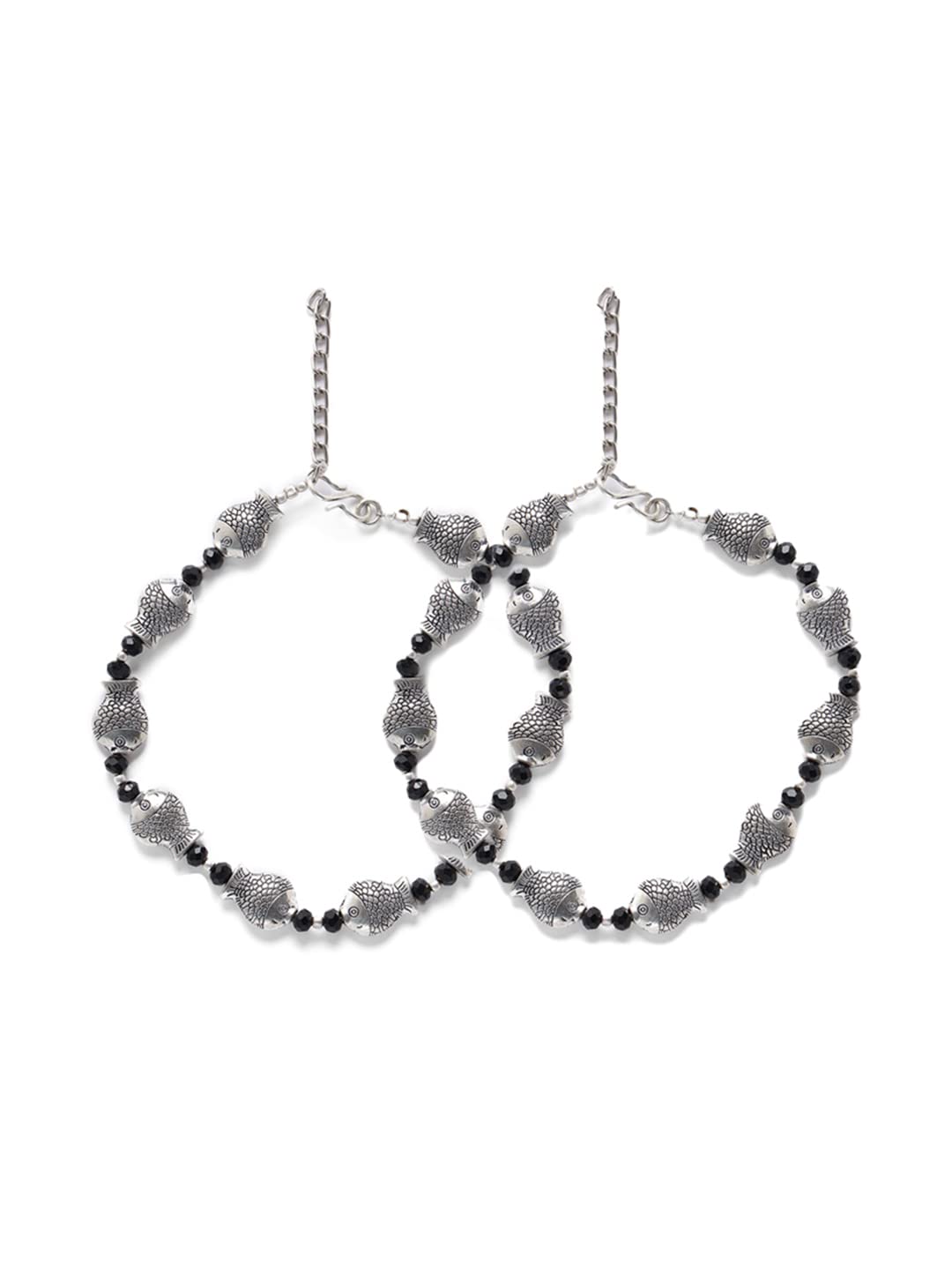 Aatmana Silver-Plated & Black Beaded Handcrafted Fish Anklet