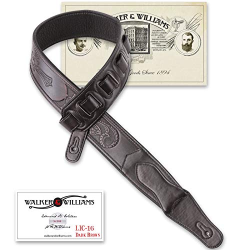 Walker & Williams LIC-16 Dark Brown Padded Guitar Strap with Embossed Tooling and Cross