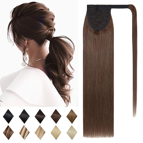 SEGO Ponytail Extension Human Hair Real Human Hair Clip In Wrap Around Long Straight Ponytail With Magic Paste Pony Tail for Women -16 Inch 80g 4 Medium Chocolate Brown