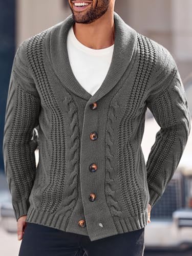 Image of Karlywindow Mens Cable Knit Cardigan Sweater Shawl Collar Loose Fit Long Sleeve Casual Cardigans