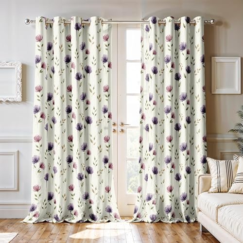 Image of Ultimate Trends Room Darkening Digital Printed Floral Geomatrical Prints Curtain 65-70% Opacity,Diamond Eyelets, Tie Back, Floral Geomatrical, 6 FEET Pack of 2,White with Purple
