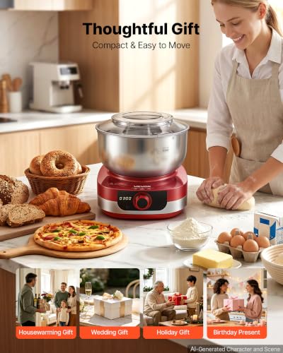 Image of VEVOR 5.3 Qt Electric Dough Maker 500W Stand Mixer Removable Lid, Stepless Speed Adjustment Food Kitchen Mixer with Stainless Steel Bowl, Dough Hook, Whisk, Beater, for Pizza Bread Pasta Mochi