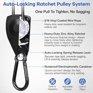 TooTaci 15ft Outdoor Clothesline Kit, 3/16" Black PVC Coated Wire Rope Heavy Duty Portable Clothes Line Kit with Self-Locking Pulley, Screw Hook & Snap Hook for Camping, Backyard, Balcony, Travel