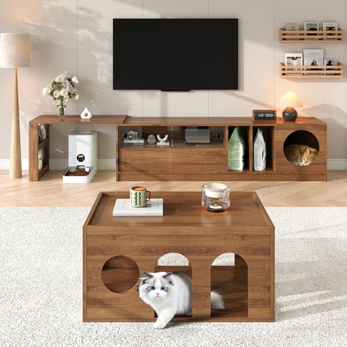 Easexcy Mueble de TV + mesa de café, juego de muebles combinados para sala de estar, juego de 2 piezas, giratorio multifuncional, muebles para mascotas, juego de muebles de nogal
