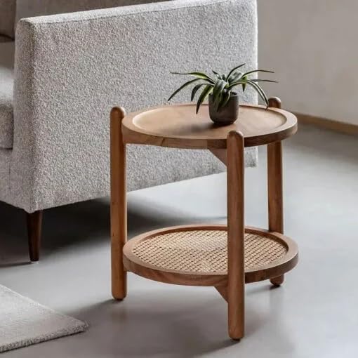 Levon Artisan Solid Acacia Wood & Rattan Round Side Table Boho Rustic End Table Scandinavian Bedside Table-image-5