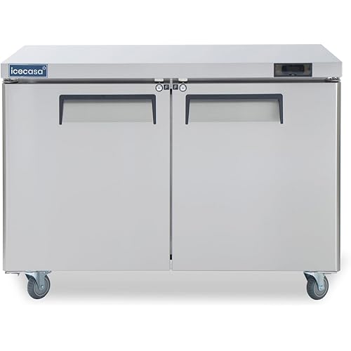 ICECASA 48" W Commercial Freezer Worktop Undercounter Freezer Single Door Stainless Steel Counter Fan Cooling 13 Cu.ft for Restaurant, Bar, Shop, etc