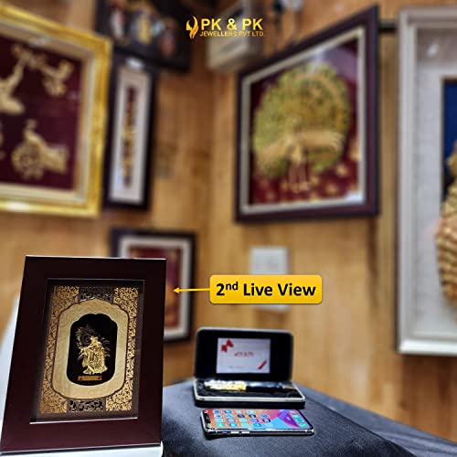 Image of Pk & Pk Jewellers Lord Radha Krishna with Peacock Feather | 24KT Gold Frame | Solid Carving Collection | Small Size [17x22 cm] (For Premium Gift, Temple, Table Decor, Home Decoration)
