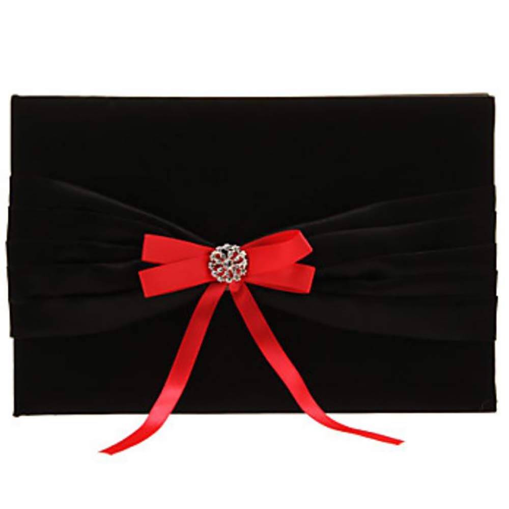 Wedding guest book and pen set red roses, red and black satin and lace