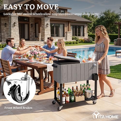 Image of YITAHOME 80 Quart Rolling Cooler Cart with Bottle Opener Drainage, Portable Wicker Patio Cooler Rolling on Wheels, Outdoor Beverage Cart Rolling Drink Cooler for Patio Pool Deck Party Cookouts