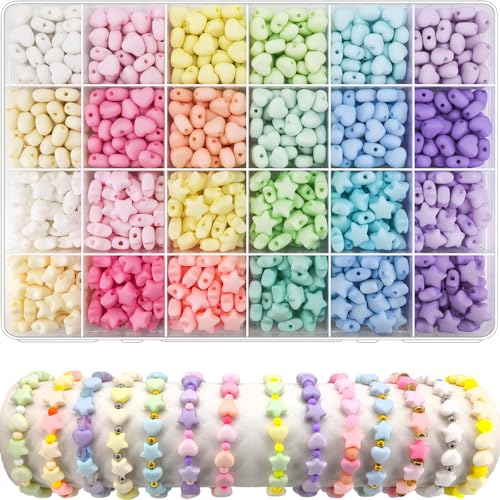 1000Pcs Matte Acrylic Star Beads Hart Beads for Jewelry Making Macaron Colors Frosted Pastel Bead Colorful Assorted Cute Aesthetic Kawaii Bead for Bracelet DIY Craft Earring Phone Charm