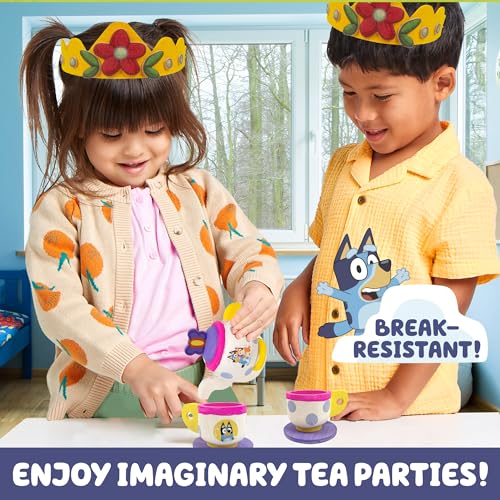 Image of Bluey Paint & Play Tea Party, 6-Piece Wooden Tea Set, Customize with Paint & Stickers, 2 Wearable Crowns, Fun Toys for Kids, Cute Birthday Party Decorations, Pretend Play Tea Party, Toys