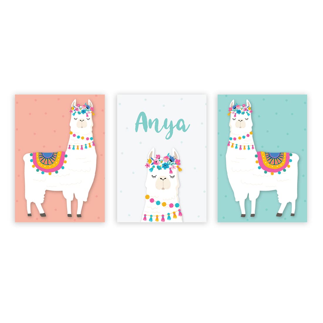 INKOLOGIE Personalised Name Nursery Kids Room Llama Wall Art Posters, Large A4 Size 8.25x11.75-inch, Peach, White, Aqua, Llama Alpaca Head Graphic, 3-Pack, Unframed, Customized Custom Llama Decor
