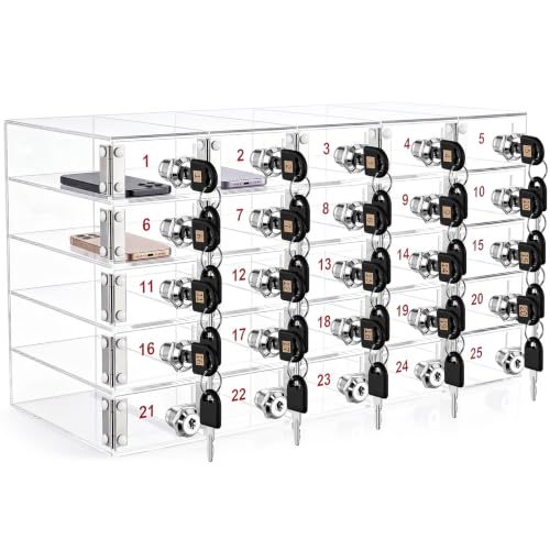 Image of Layhit Clear 25 Slots Cell Phone Locker Box for Classroom Clear Acrylic Cell Phone Storage Cabinet Bin with Door Locks for Classroom School Students Office Factory Employees