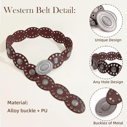 Disc Boho Western Belt for Women–Stylish Chunky Cowgirl Belt with Metal Buckle,PU Leather,Perfect for Dresses & Jeans2