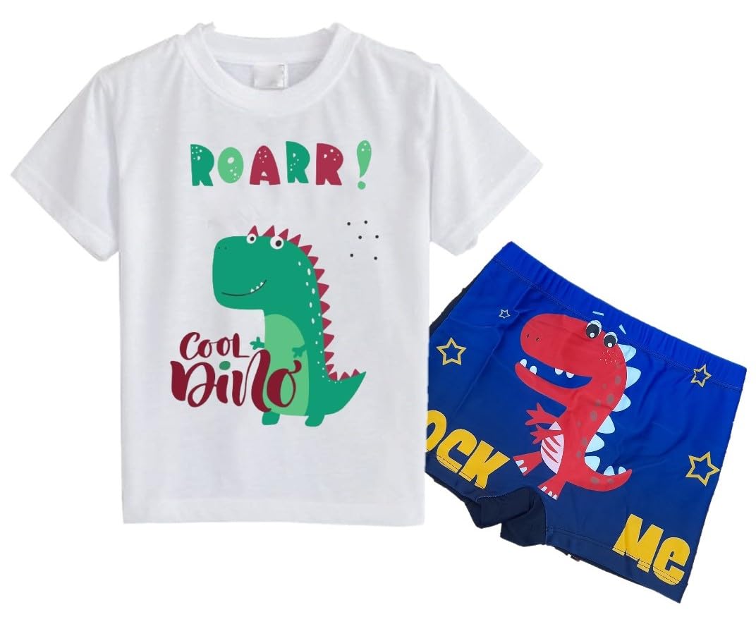 Boys Swimsuit | Girls Swimsuit | 2 Piece Unisex Swimming Costume for Kids Boys and Girls (Assorted Trunk Color/Design May Vary) (3-4 Years, Dino1)