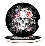 Britimes Car Coasters for Drinks Absorbent, 2 Pack Cup Holders, 2.56' Ceramic Stone & Non-Scratch Cork Base Coasters Cupholder, Auto Accessories for Women & Men, Skull Flowers Vintage Rose Floral