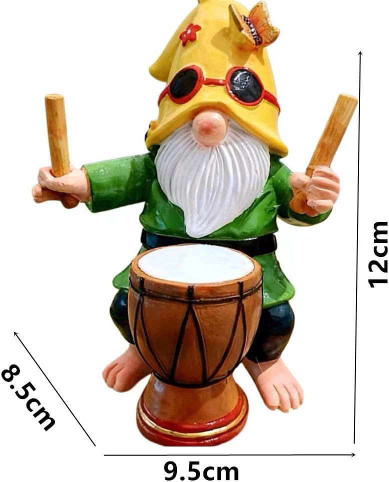 Garden Gnome Outdoor Decorative Statue, Yellow Hat with Sunglasses, Green Outfit, Drummer Design for Patio and Lawn Decor - Image 6