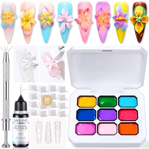 Image of SAVILAND 3D Patting Gel Polish Kit: 9 Colors Pat Pat Gel Polish Palette No-Wipe Blooming Gels Nail Polish 3D Nails Sculpting Gels with Flowers Shape Silicone Mold Sponges for Ombre Aura Nails Art DIY