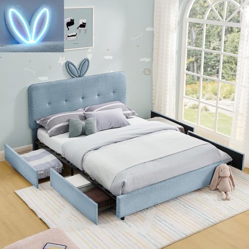 Image of Full Led Bed Frame with 4 Storage Drawer, Upholstered Platform Floor Bed with Rabbit Ear Headboard Daybed Strong Wooden Slats No Box Spring Needed for Kids Girls Boys, Blue