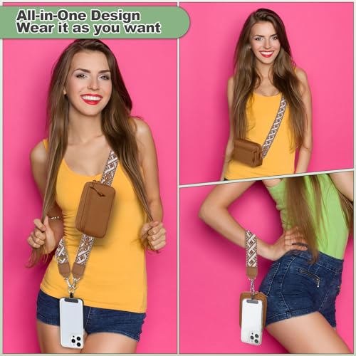 Image of YFWE Clip and Go Strap for Phone with Wallet Crossbody, Adjustable Phone Lanyard with Detachable RFID Wristlet Wallet, Pattern Strap, Bronze(M)