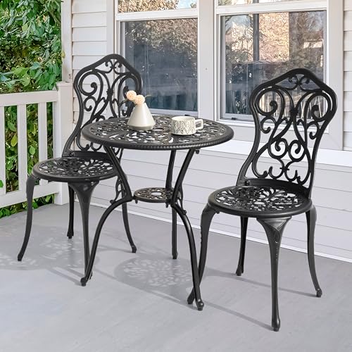 Image of NUU GARDEN 3 Pieces Patio Bistro Set, Outdoor Bistro Set with 2 Chairs, Round Table with Umbrella Hole, All-Weather Outdoor Patio Bistro Set for Garden, Lawn, Poolside, Porch, Black