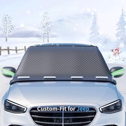 Image of Custom fit for Jeep Windshield Snow Covers, 8 Layers WAaterproof Windproof Protection, Frost Defense, Ice, Sun, Snow, Designed for Jeep Accessories (for Jeep Wrangler)