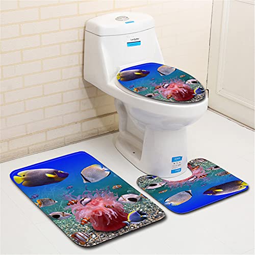 AllMonyba 3-teiliges Badematten-Set Badezimmerteppich-Set Undersea World Print rutschfeste Badematte Toilettenkontur… – Bild 3