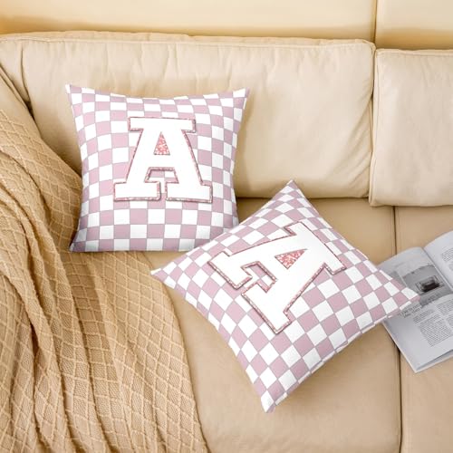 Image of Erosebridal Pink Initial A Throw Pillow Covers 24x24 Set of 2 Kawaii Plaid Checkered Cushion Cover Cute Personalized Monogram Throw Pillow Case for Bed Couch Sofa Fashion Grids Gingham Home Decor