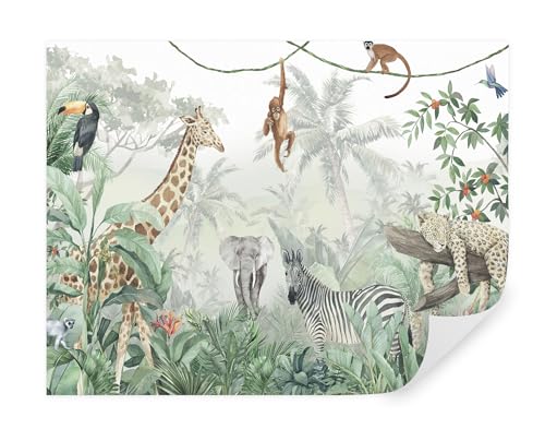 TAPEKO Papel Pintado Infantil 260x180 cm Estilo selva tropical con Jirafa Cebra Elefante Leopardo Fotomurales para Niños y Niñas Prémium Interior Papel Pintado Pared u74709