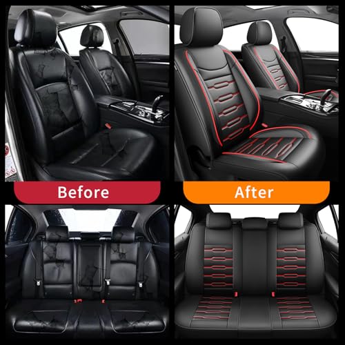 Image of Fit Forester Car Seat Covers for Subaru Forester 2007-2025 2026 - Upgraded Premium Waterproof & Breathable Leather, Airbag Compatible, All-Weather Seat Cushion Protector (Full Set, Black+Red)
