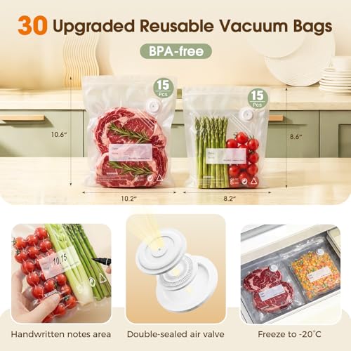 Compact Vacuum Sealer for Food (Handheld Vacuum Sealer + 30 Reusable Vacuum Sealer Bags) Food Saver Vacuum Sealer Machine with Battery Display, Travel Lock and Visible Water Tank for Kitchen Meal Prep - image 6